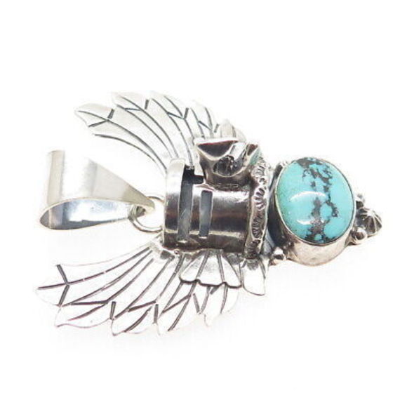 ROIE JAQUE NAVAJO Old Pawn 925 Sterling Silver Peacock Turquoise Eagle Pendant - Picture 4 of 6